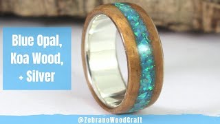 Silver and Koa Wood Ring With Blue Opal Inlay Tutorial [upl. by Arimat565]