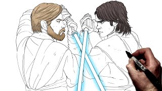 How To Draw Obi Wan vs Anakin  Step by Step  Star Wars [upl. by Anaugahs]