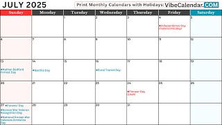 July 2025 Calendar with Holidays and Observances All calendar july holiday [upl. by Willcox]