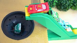 Disney Cars Fall into Box Tomica System Escalator Fun video for kids [upl. by Sidnee]