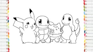 Pokémon  How to coloring Pikachu Charmander Bulbasaur and Squirtle [upl. by Bartosch149]