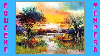 Tempera Gouache Landschaft Malen Gouache Painting [upl. by Eyram567]