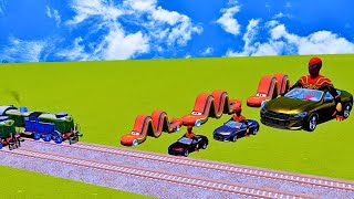 Big amp Small Red Long Lightning McQueen vs Big amp Small Spiderman BMW vs Trains Thomas BeamNGDrive [upl. by Gardy]