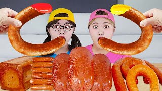 Kielbasa Sausage Challenge amp Spam Vienna Sausage Skewers Giant Sausage Mukbang by HIU 하이유 [upl. by Jez]