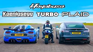 Koenigsegg v Tesla Plaid v Turbo Hayabusa DRAG RACE [upl. by Einotna167]