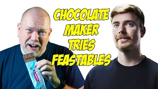 Chocolate Maker tries MrBeasts Feastables for the first time [upl. by Yssenhguahs]