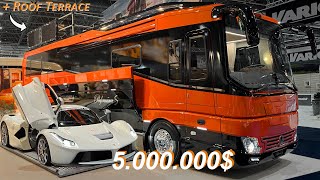 5000000 LUXURY Motor Home  La Ferrari Hypercar GARAGE TOUR Roof Terrace Motorcoach RV Interior [upl. by Blayze]