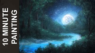 Painting a Moonlit Forest Landscape with Acrylics in 10 Minutes [upl. by Fotinas]