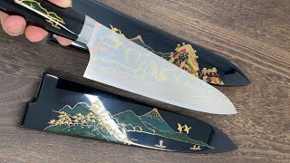 Takeshi Saji MakieArt Aogami No2 Colored Damascus Custom Gyuto with Urushi Lacquered FUJI on LAKE [upl. by Ahsieki]