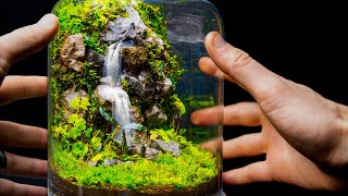 Flowing Waterfalls in a Small Jar Moss Terrarium Build [upl. by Tergram]