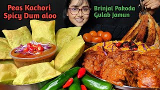 Eating Peas Kachori Spicy Dum Aloo Crispy Pakoda Gulab jamun  Big Bites  Asmr Eating  Mukbang [upl. by Haridan]