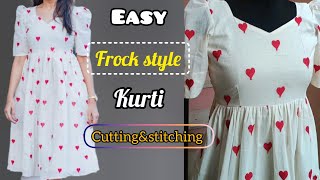 Diy Easy frock style kurti cutting and stitching for beginnerspuff sleeve kurti cuttingkurti [upl. by Esinal]