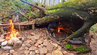 Bushcraft SURVIVAL Shelter Winter CAMPING in Rain THUNDER Outdoor Cooking Wild Camp [upl. by Giselbert]