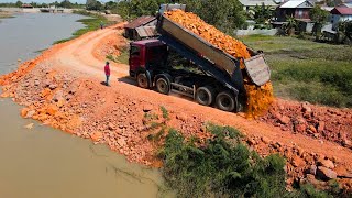 Wonderful Road Construction Processing Bulldozer Working Push Soil with Dump Truck Unloading Soil [upl. by Shuler]