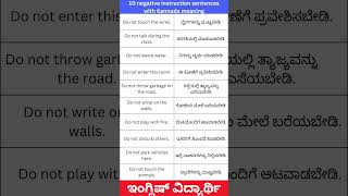 10 negative instruction sentences with Kannada meaning shortsentences shorts english [upl. by Purington]