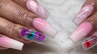 Relaxing Watch Me Work NAIL VIDEO  Square Nail Shaping  Encapsulated Flowers 🌺 [upl. by Nesila]