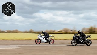 Ducati Panigale V2 vs Suzuki GSXR 750  Airfield drag race  Knox armour [upl. by Adnuahsal]