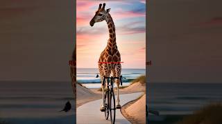 A giraffe riding a bicycle along a beachside path The giraffe’s long neck is stretched [upl. by Acinad]