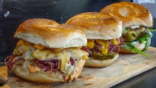 Bagels Loaded with Salted Beef Dripping Melted Cheese and Chicken London Street Food [upl. by Tertia272]