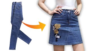 Easy way to turn old jeans into a skirt  DIY recycling jeans [upl. by Nary]