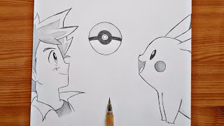 how to draw Ash and Pikachu  Pokemon   Ash amp Pikachu step by step  easy drawing tutorial [upl. by Eelrebmik]