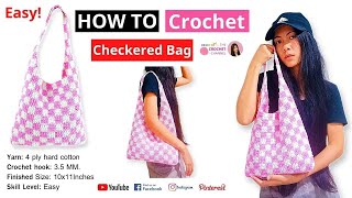 Easy Checkered Tote Shoulder Bag Crochet GOOD for Beginners Tutorial Pattern Super Easy to follow [upl. by Yrneh]