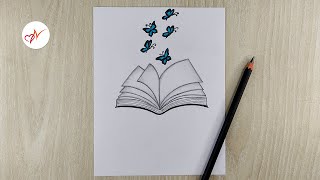 How to draw realistic open book with butterflies  Pencil sketch drawing for beginners [upl. by Ehsiom247]