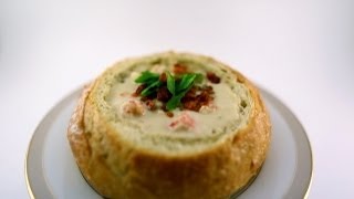 Creamy clam and lobster chowderin a crunchy bread bowl [upl. by Shelbi]