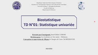 TD 01 Biostatistique  1er Année Médecine 20232024  Prof I Lebiar [upl. by Monjan]