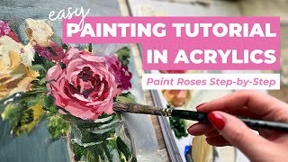 Flower Painting Tutorial In Acrylics Paint Roses Step by Step [upl. by Nomolos6]