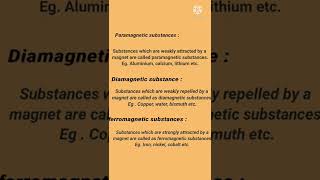 paramagnetic substances diamagnetic substance ferromagnetic substancesdefinitions shorts [upl. by Larue184]