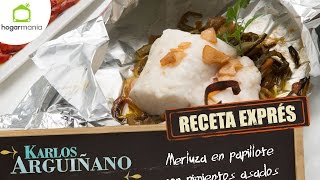 Receta Exprés Merluza en papillote con pimientos asados [upl. by Nogaem621]