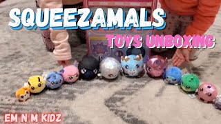 Squeezamals Toys Unboxing with Em N M Kidz  EMNM Kids open up presents [upl. by Lyns630]