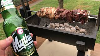 BUNNINGS Jumbuck Rondo Spit Roaster  GREEK KONTOSOUVLI with lambChicken and a Mythos BEER [upl. by Atiseret]