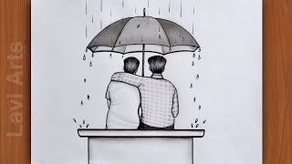 How to draw Two best friends  Boy sitting in Rainy day with umbrella  Best Friend Pencil drawing [upl. by Esilrahc]