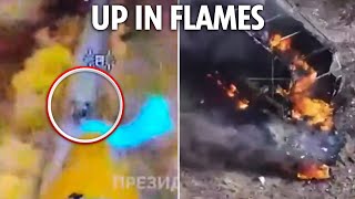 Ukraines deadly drones with detonators painted in blue and yellow take out Russian war trucks [upl. by Atsira]