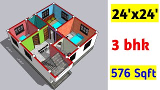 24x24 house plans  24x24 ghar ka naksha  27x24 house design  576 sqft [upl. by Hesky]