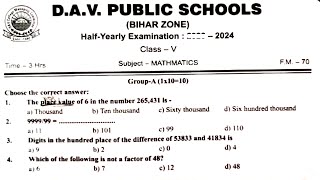 Class 5 Maths HalfYearly Exam Question Paper  DAV Class 5 Question Paper 2024Midterm ExamCBSE [upl. by Conias]