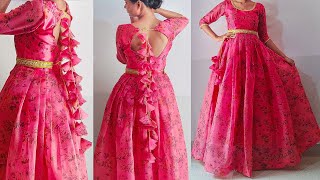 Beautiful Organza Long Dress Cutting and Stitching Easily  Long DressGownFrock cutting stitching [upl. by Ikram]