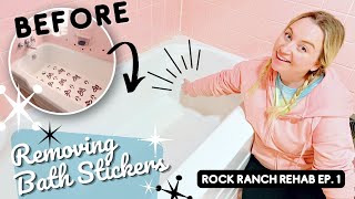 I’m in a sticky situation… Removing DECADES old Bath Stickers yuck  Rock Ranch Rehab Ep1 [upl. by Randall]