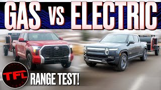 Rivian R1T vs Toyota Tundra How Far Can Each Truck Tow On A Single FillUp [upl. by Sharos]