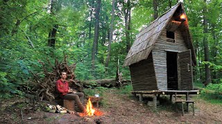 Building Bushcraft Cabin in the Woods from Start to Finish Roasting Сhicken Life Off Grid [upl. by Eikkin]