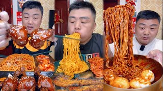 Mukbang  Eating Noodles Sauce Blck Boiled Egg Fried chicken thighs ​Frying Noodles Crispy Prok [upl. by Anaitsirhc550]