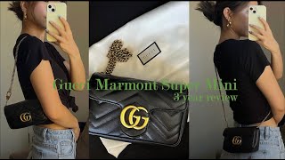 Gucci Marmont Super Mini Review pros cons what fits ways to wear etc super honest [upl. by Ardnassak]