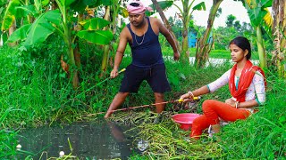 Amazing Fishing Video  Incredible Hook Fishing by Village Woman amp Man  Indian Woman Hook Fishing [upl. by Rratsal]