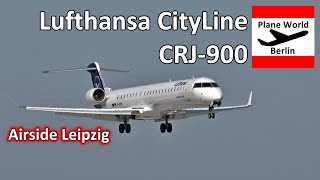 Lufthansa Cityline CRJ900 DACNK airside landing and takeoff at Leipzig Halle Airport [upl. by Ennairda119]