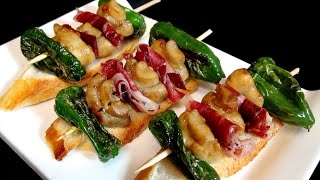 Brocheta de champiñon jamon y pimiento verde Recetas de pintxos [upl. by Eninaej]