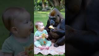 Gorillas and babies share tucker and eat together cute gorillababy animals shorts funny [upl. by Kumar963]