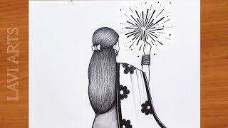 How to draw Girl Burning Crackers  Diwali drawing  Happy diwali drawing  Diwali Drawing Pictures [upl. by Aiam]