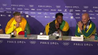 Jamaican Roje Stona Breaks Olympic Discus Throw Record Press Conference [upl. by Andromada]